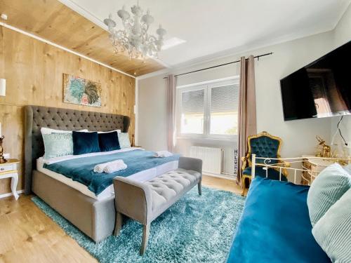 鲍洛通拜雷尼IrányBerény Rezidencia的一间卧室配有一张床、一张沙发和一台电视。