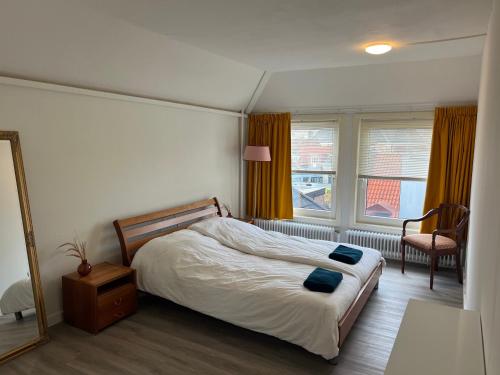 吕伐登Appartement met prachtig uitzicht over de binnenstad van Leeuwarden的一间卧室配有一张床、镜子和椅子