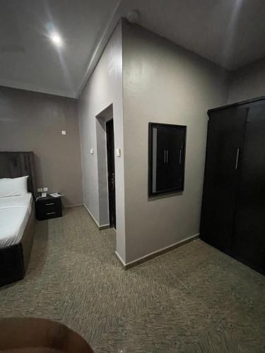 阿布贾Nexus Xpress Hotel的一间酒店客房,配有一张床和一台电视