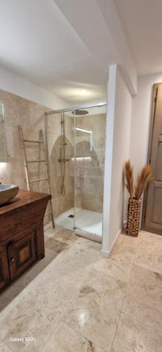 VenzolascaA Pasturella, jacuzzi privé的带淋浴、水槽和台面的浴室