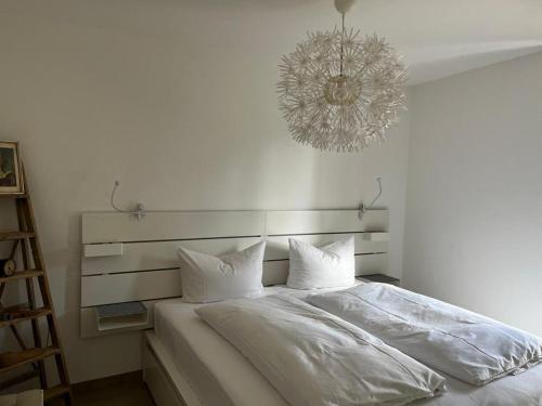 德累斯顿Ferienwohnung an der Elbe的卧室配有一张带吊灯的大型白色床。