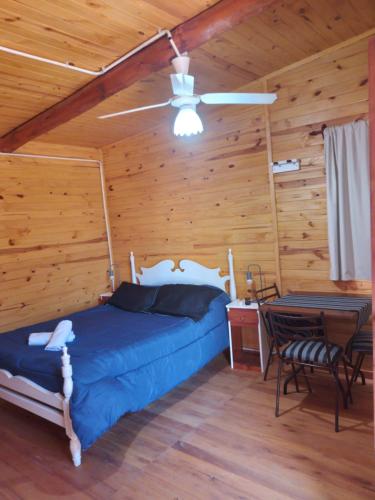查哈里D'Charrúas Cabañas Chajarí的一间卧室配有一张带吊扇和一张桌子的床。