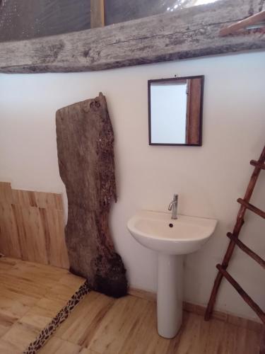 Mdudu MdogoPongwe Eco Lodge and kitten paradise.的一间带水槽的浴室和木地板