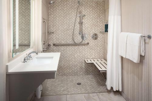 银泉DoubleTree by Hilton Silver Spring Washington DC North的一间带水槽和淋浴的浴室