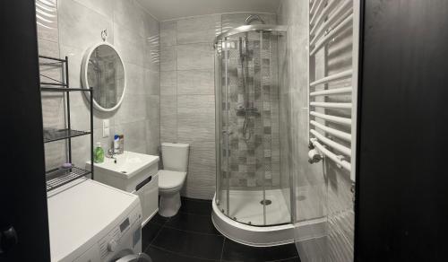 什切青Apartamenty Bezrzecze的带淋浴、卫生间和盥洗盆的浴室