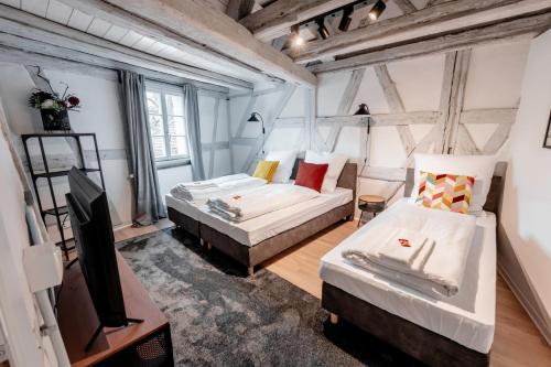 施瓦巴赫XZLLENZ: Exquisit, Fachwerk, Dachterrasse - Wohlfühlen的一间带两张床和一张沙发的客厅