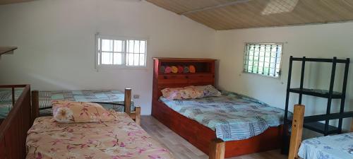 Río GrandeCabaña la Francesa的一间卧室设有两张床和两个窗户。