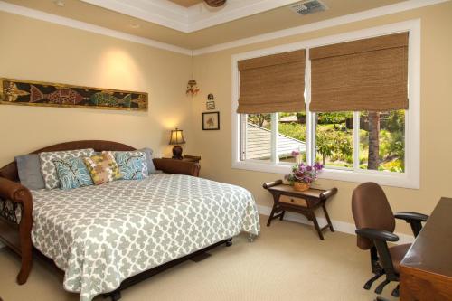 哈普那海滩Wai'ula'ula D201的一间卧室配有一张床、一张书桌和两个窗户。