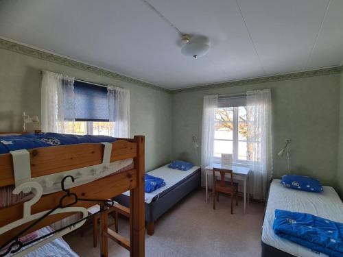 永比Södra Ljunga Vandrarhem的一间卧室配有两张双层床和一张书桌