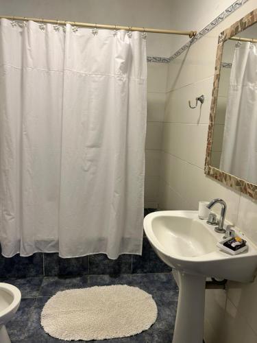 萨尔塔Ahicito - Casa en Tres Cerritos的浴室设有白色的淋浴帘和水槽