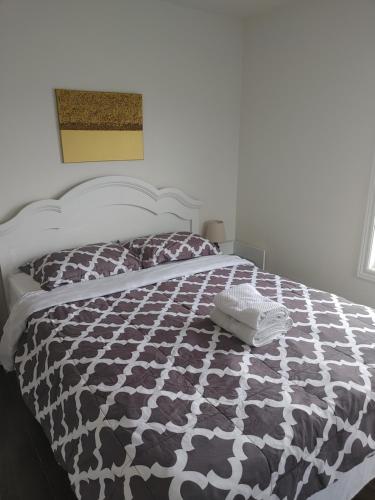 圣约翰Zion inn economy 2的一间卧室配有一张带黑白色棉被的床