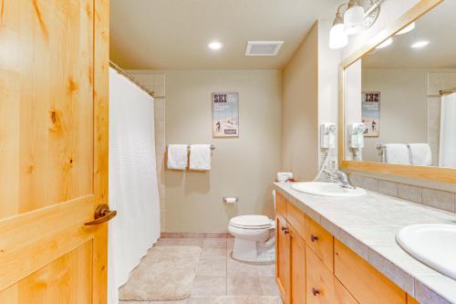 白鱼镇Whitefish Mountain Condo - Ski Resort On-Site!的一间带卫生间、水槽和镜子的浴室