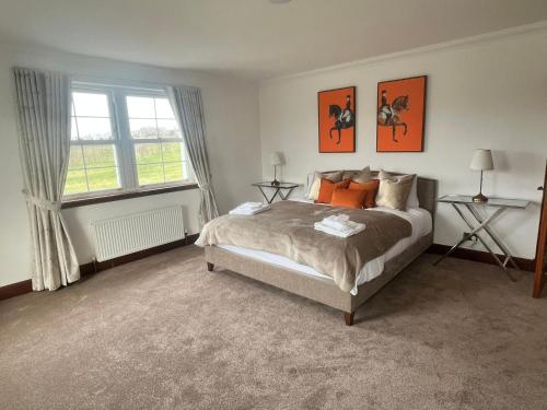 艾尔Coylebrae House的一间卧室配有带橙色枕头的床和窗户。