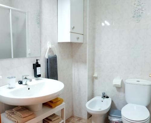 托雷维耶哈Sol, mar y arena的白色的浴室设有水槽和卫生间。