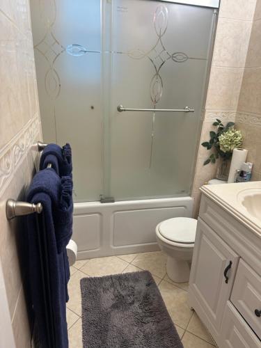 泽西市Genevieve’s comfort pad的带淋浴、卫生间和盥洗盆的浴室
