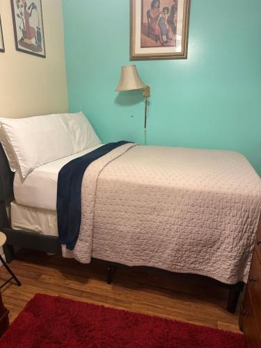 泽西市Genevieve’s comfort pad的一间卧室配有一张床和红色地毯