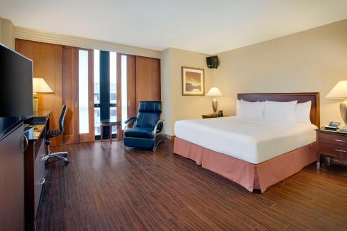 罗斯芒特芝加哥奥黑尔机场希尔顿酒店的酒店客房带一张大床和一把椅子