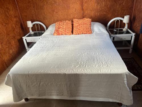 Treinta y Tres0 es 3 Dos的一张带橙色枕头的床和两张床头柜