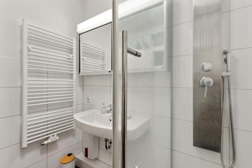 戈赫City-Wohnung direkt am Markt的白色的浴室设有水槽和淋浴。