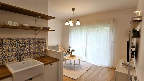 绍莱Appartement Le Porto的厨房配有水槽、桌子和窗户