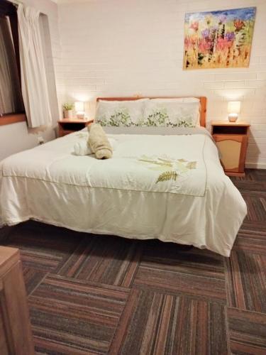 卧龙岗Koloona的卧室配有一张大白色的床和地毯