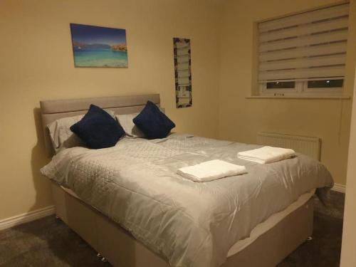 KentonOasis Abode @ Ashover Newcastle的一间卧室配有一张带蓝色枕头的床