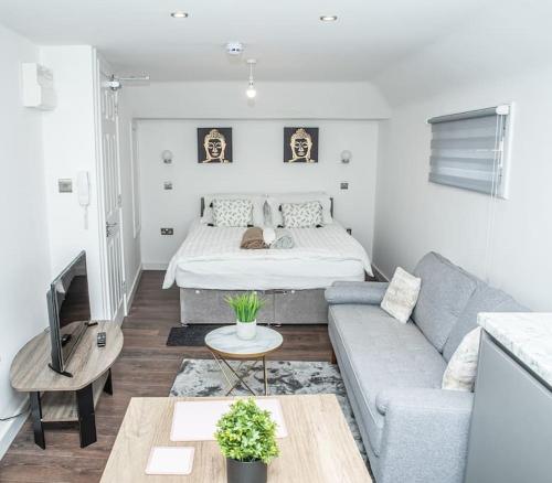 BuckinghamshireAylesbury Studio Apartment 6 with parking的客厅配有床和沙发