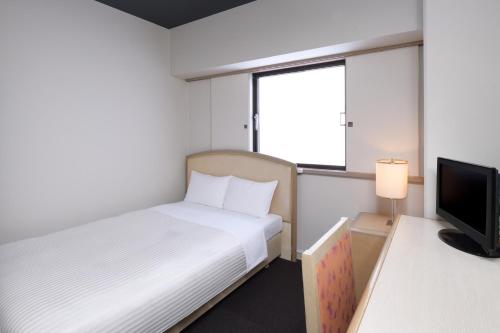 宫崎HOTEL MYSTAYS Miyazaki的小房间设有床铺和电视