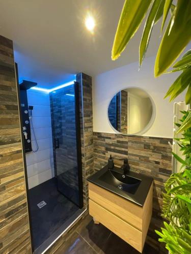巴尔Beau gîte avec jacuzzi的浴室设有黑色水槽和镜子