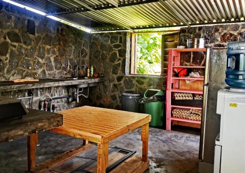 Rodrigues IslandPanoramic Paradise的厨房配有木桌和冰箱。