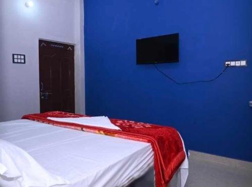 AyodhyaOYO Home Om Shanti Palace的一间卧室设有一张蓝色墙壁的床和一台电视。