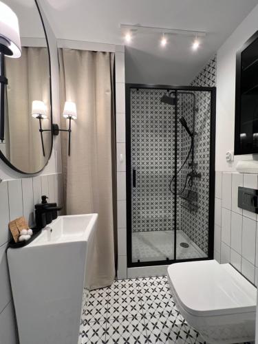 什恰夫尼察Apartament Czeremcha的带淋浴、卫生间和盥洗盆的浴室