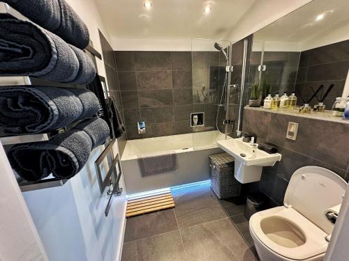 海斯Stunning Luxury 3 Bed Penthouse Sleeps 2 to 6的浴室配有卫生间、盥洗盆和浴缸。