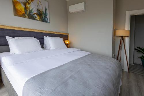 特拉布宗ZAL SUİTE的卧室配有白色大床和白色枕头