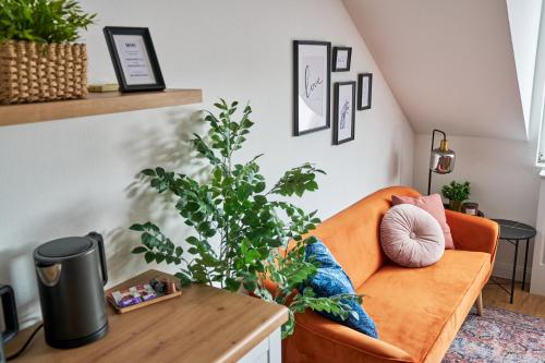 布达佩斯温馨友好II号公寓的种植了植物的客厅里一张橙色的沙发
