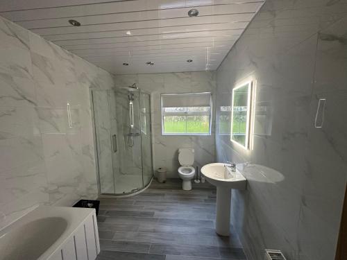 ClogherMac's Cottage的一间带水槽、淋浴和卫生间的浴室