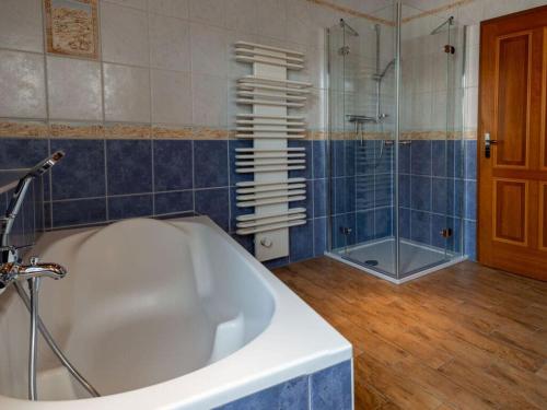 塞布尼茨Holiday apartments Ender的大型浴室设有浴缸和淋浴。