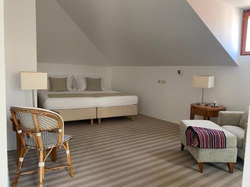洛帕德Hotel Glavovic的一间卧室配有一张床、一把椅子和一张沙发