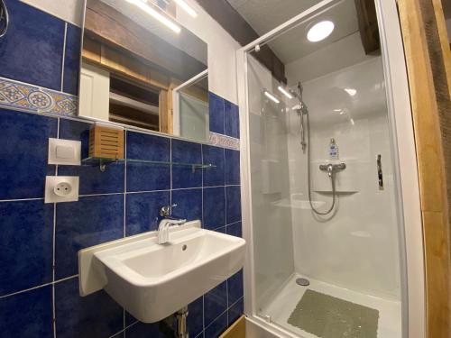 圣马洛上萨蒙庄园住宿加早餐旅馆的蓝色瓷砖浴室设有水槽和淋浴