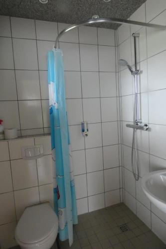 StrasenRadlerzimmer (Zweibettzimmer)的浴室配有卫生间、淋浴和盥洗盆。