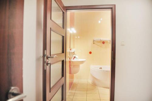 拉多姆斯科Malutkie Resort的一间带卫生间和水槽的浴室
