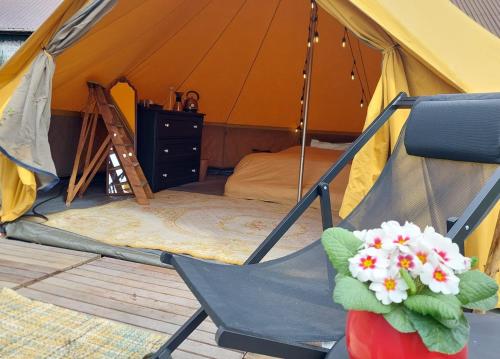 GingelomGlamping Hoeve Thenaers的帐篷配有一张床和鲜花椅