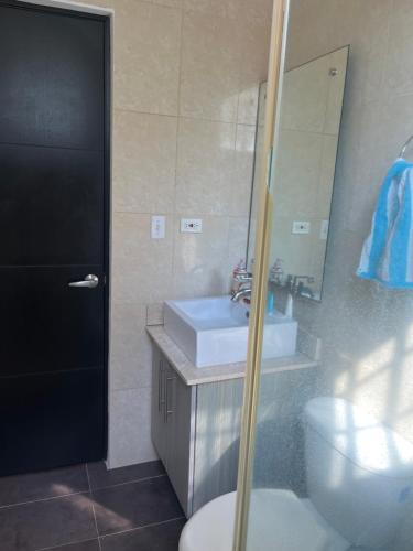 里奥阿托MM NAPA VILLAGE的一间带水槽、卫生间和镜子的浴室