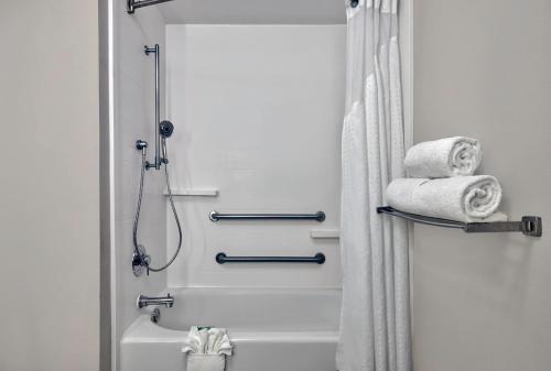 堪萨斯城堪萨斯城机场智选假日套房酒店的带淋浴、卫生间和毛巾的浴室