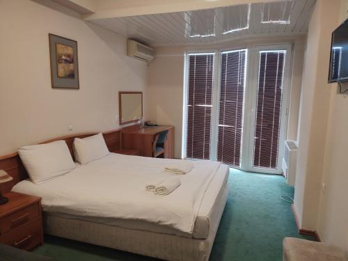 克鲁舍沃蒙大拿宫酒店的一间卧室设有一张床和一个大窗户