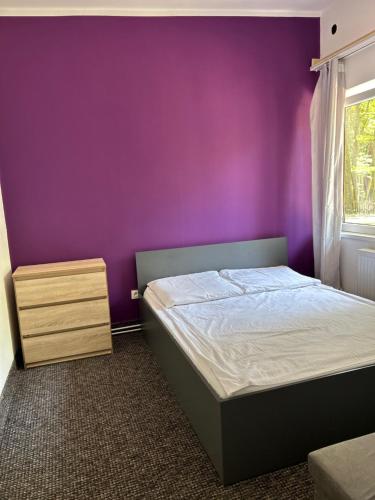 斯科尔茨Figa w lesie的一间卧室配有一张床和紫色的墙壁