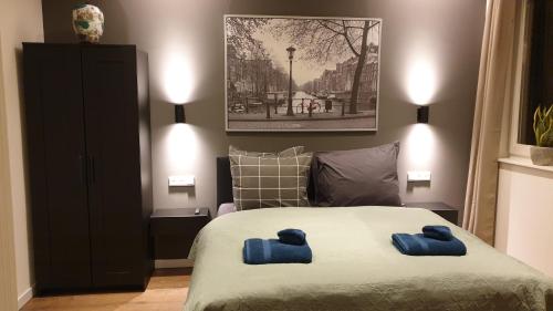 阿姆斯特丹Amor Guesthouse的一间卧室配有一张带2条蓝色毛巾的床