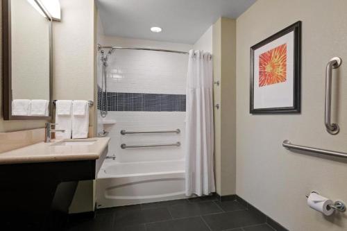 拉纳姆Staybridge Suites Washington D.C. - Greenbelt, an IHG Hotel的带淋浴、盥洗盆和卫生间的浴室