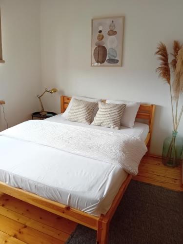 奥格雷Daugavas apartamenti的卧室内的一张带白色床单和枕头的床