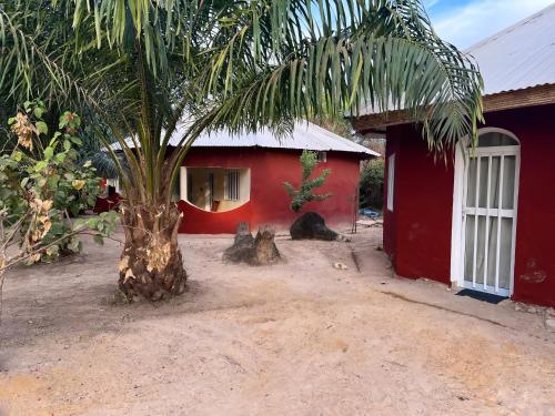 AbéméAbené shuDyma lodge的前面有棕榈树的红色房子